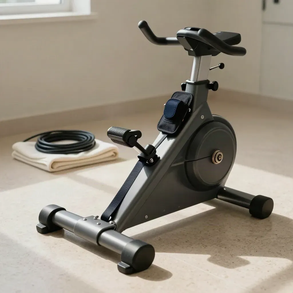 Cykelergometer för arbetsprov i lugn klinikmiljö med remmar, kontrollvred och mjukt ljus.