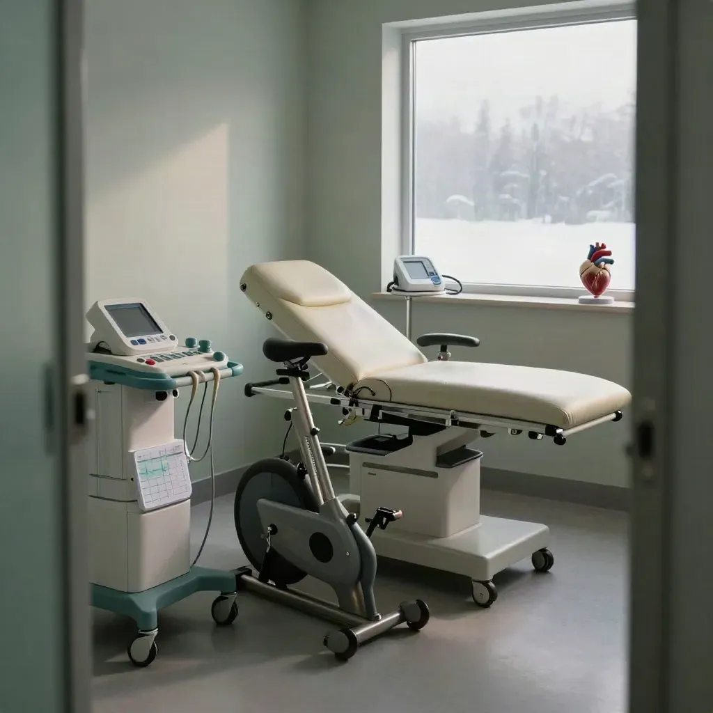 Tom kardiologimottagning med EKG-vagn, arbetsprovcykel och hjärtmodell i kallt morgonljus.