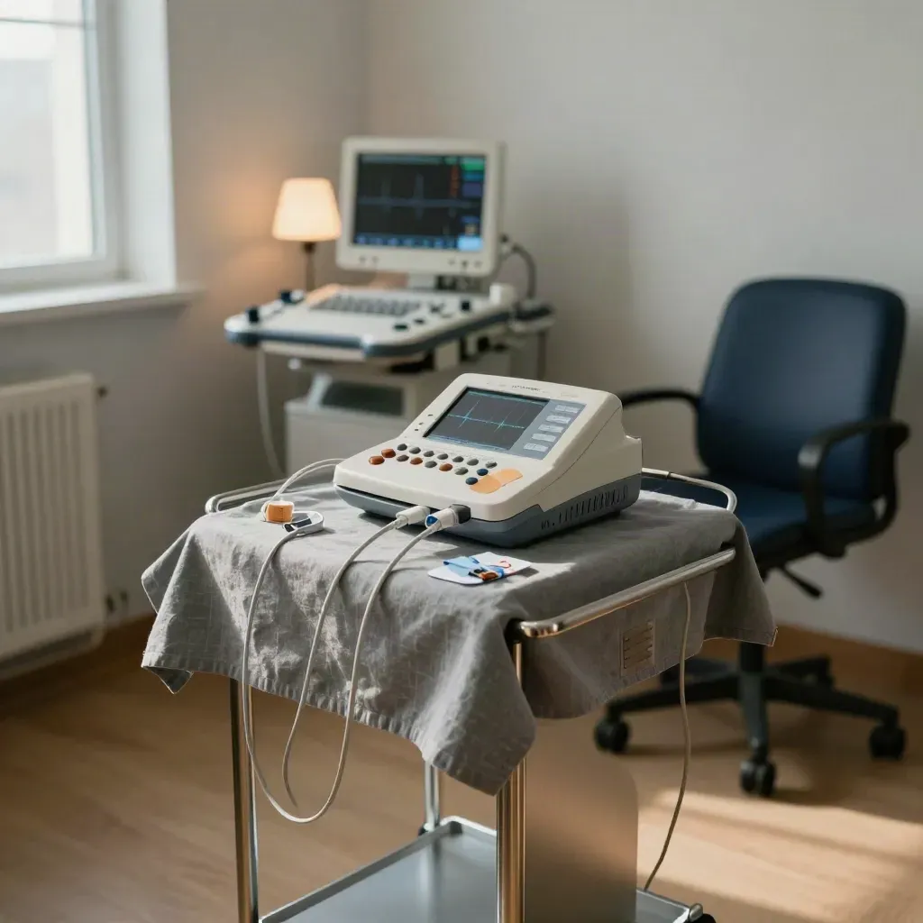Tomt hjärtrum med EKG-apparat, kablar och svagt lysande monitor i lugnt kvällsljus.
