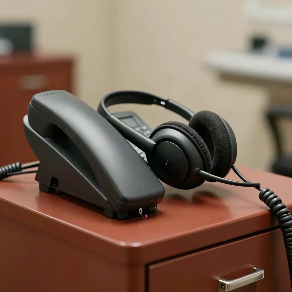 Närbild av telefoncradle, headset och röd statuslampa i hjärtcentrets koordination.