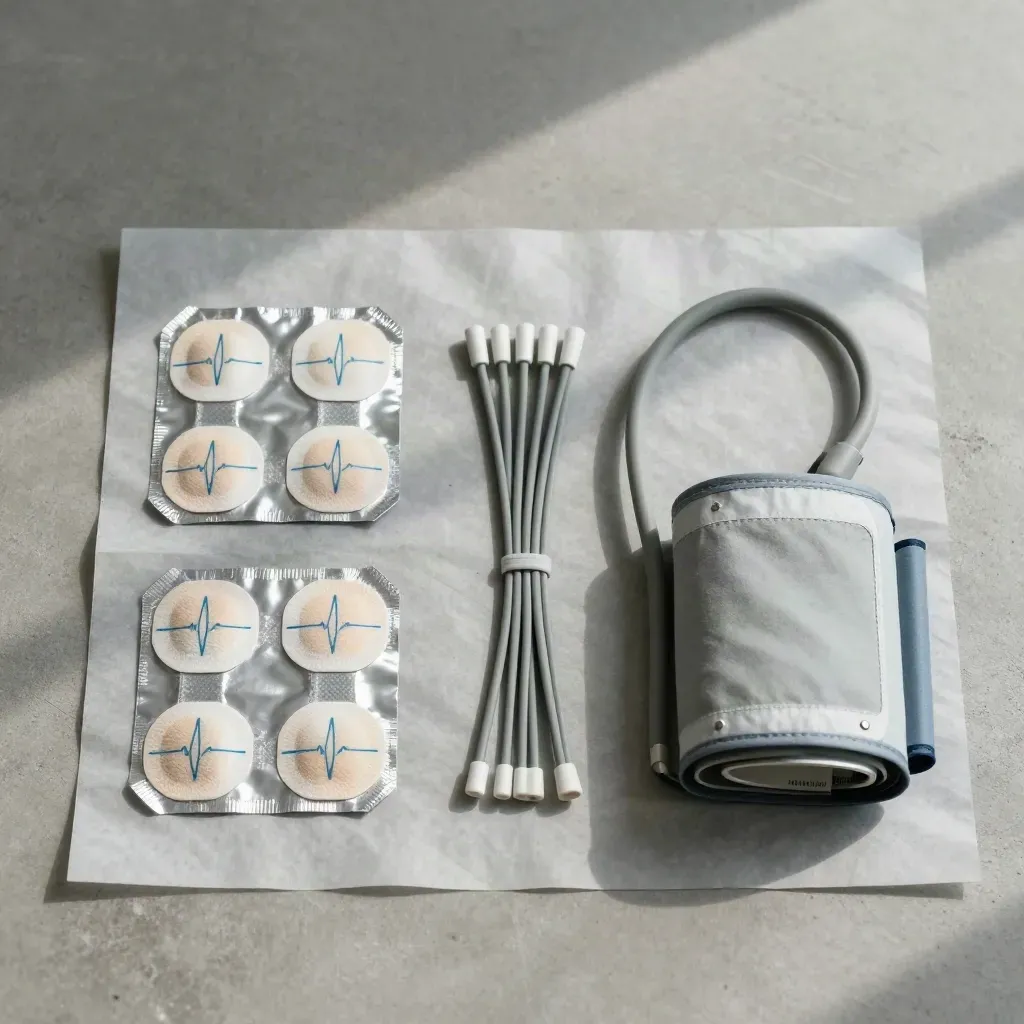 Överhead flatlay med EKG-elektroder, kablar och blodtrycksmanschett på ljus betong.