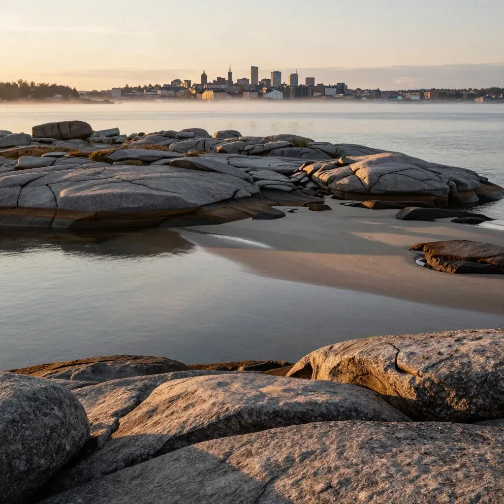 Stockholms skärgård i gyllene kvällsljus med lugnt vatten och stadssilhuett högt i bilden.