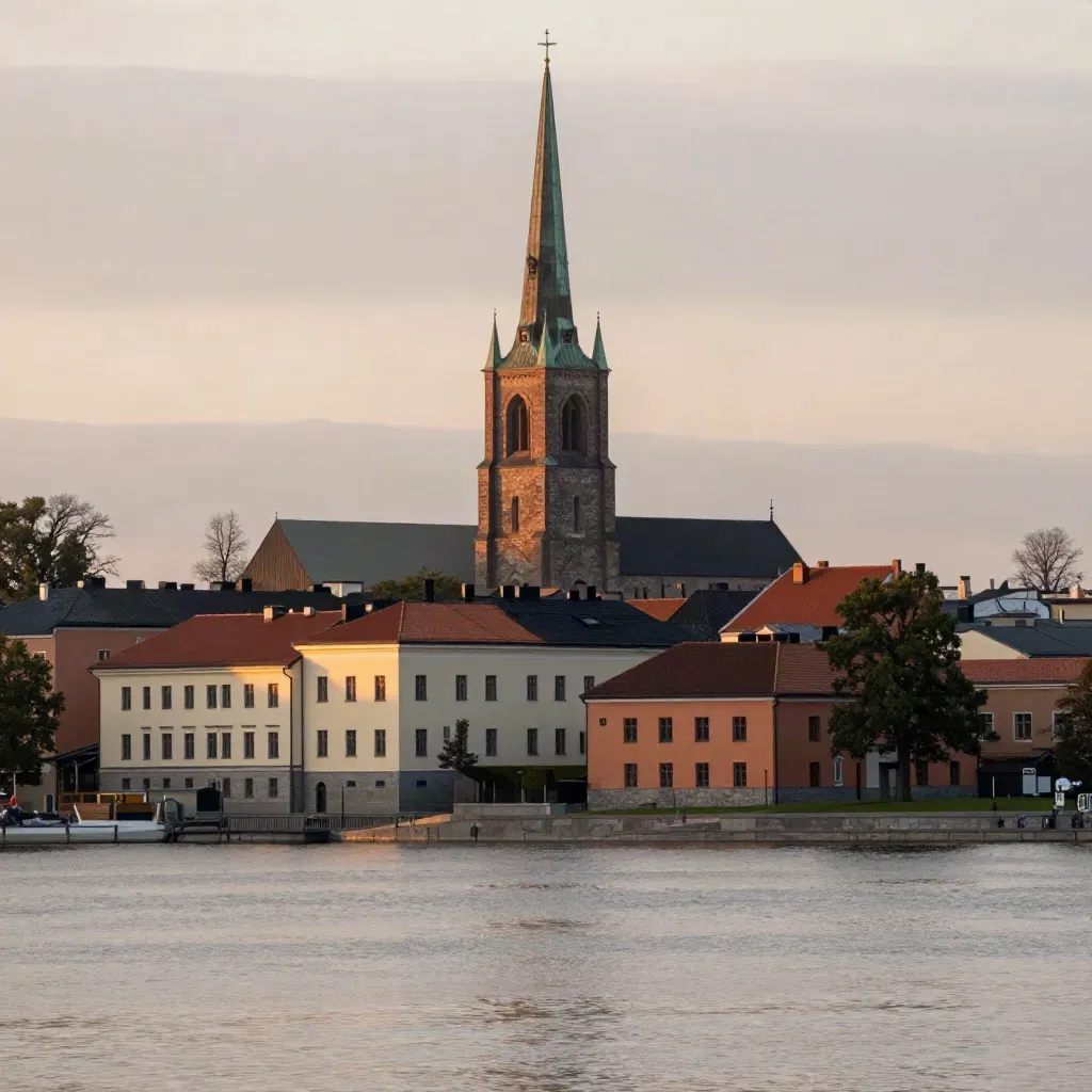Västerås domkyrkotorn över Mälarens stilla vatten i kvällsljus